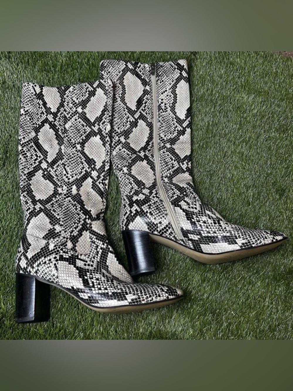 Marc Fisher Black & White Snake-Print Mid-Calf Block Heel Boots